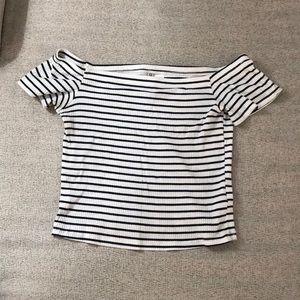 White and Blue off the shoulder shirt